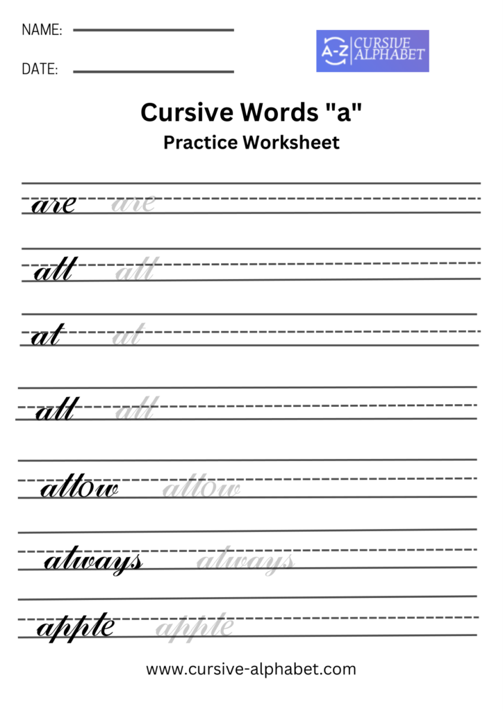Cursive words and sentence worksheet a