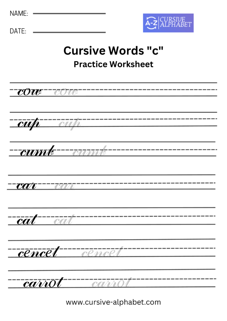 Cursive words and sentence worksheet c
